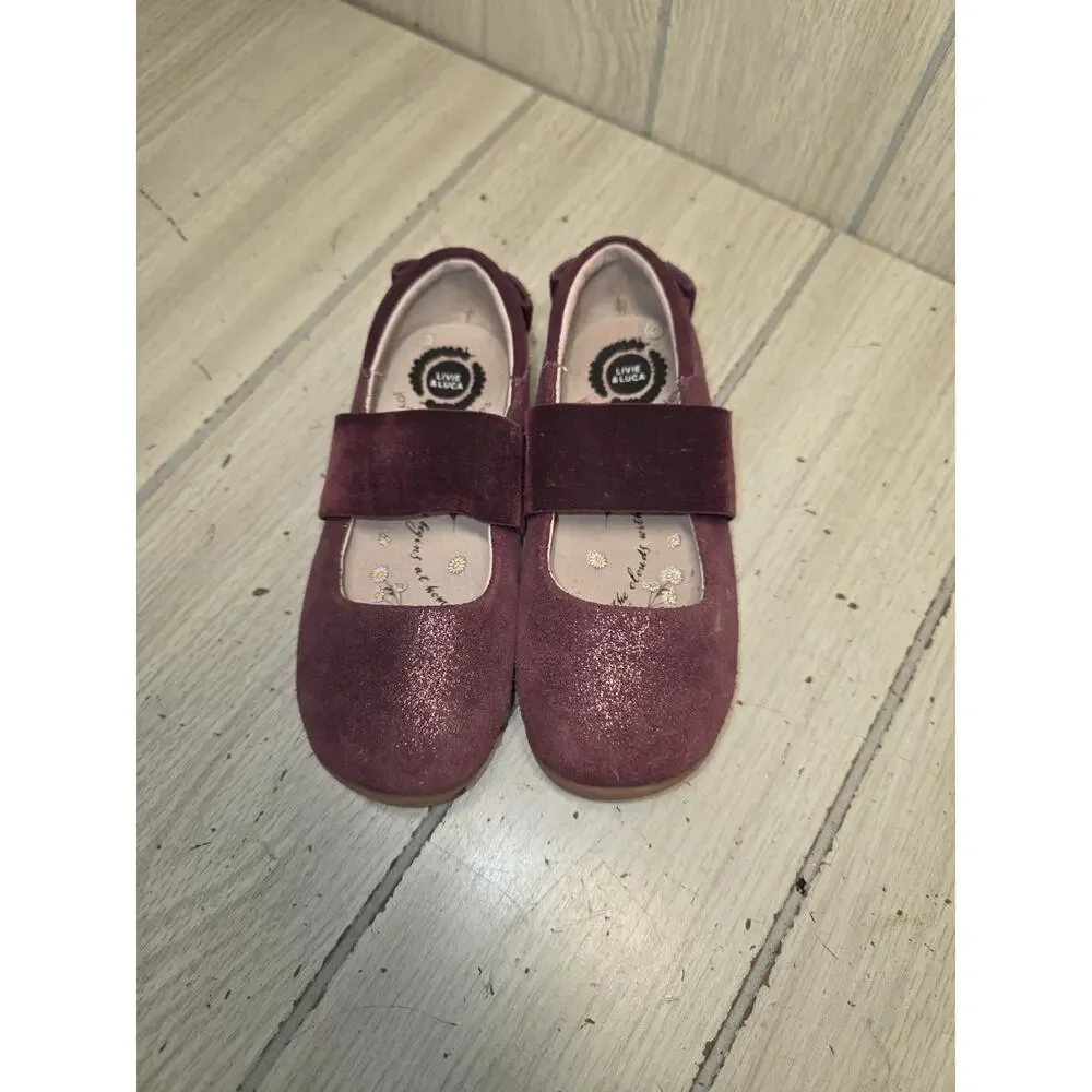 Livie & Luca Girls Aria 9M Ballet Bows Flat Burgundy Shimmer Suede Leather Shoes